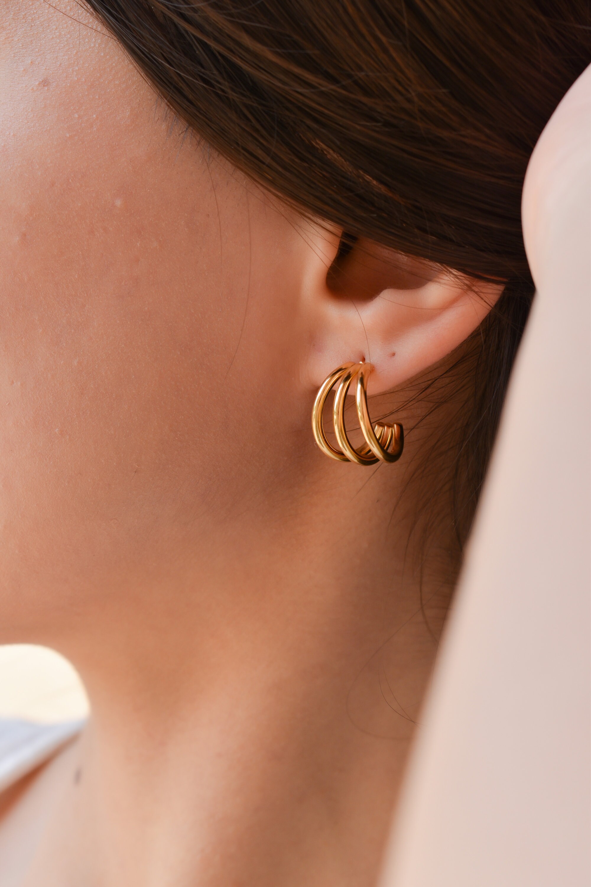 Triple Hoop Earrings Gold Huggie Earrings Pave Diamond - Etsy