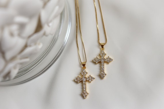 Gold Cross Necklace Gold Dainty Religious Cross Unisex Women Men Kids Necklace Stainless Steel Chain Pray Rosary Pendant Gift, WATERPROOF