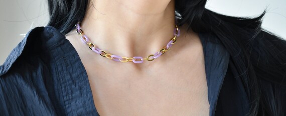 Gold Filled Purple Paperclip Chain Necklace, White Chain Vintage Resin Acrylic Chain Necklace WATERPROOF Jewelry Gift Women Layering Choker