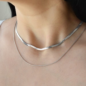 Silver Necklace Layered Set, Sterling Silver Herringbone Multi Layered Necklace, Silver Snake Chain Multi Strand Chain Necklace, WATERPROOF