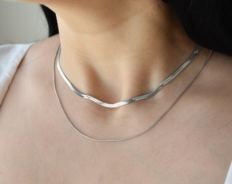 Silver Necklace Layered Set, Sterling Silver Herringbone Multi Layered Necklace, Silver Snake Chain Multi Strand Chain Necklace, WATERPROOF
