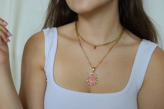 Pink Buddha Necklace, Vintage Choker Set Buddhism Religious Jewelry Jade Buddha Necklace Buddha Laughing GOLD FILLED Waterproof Jewelry