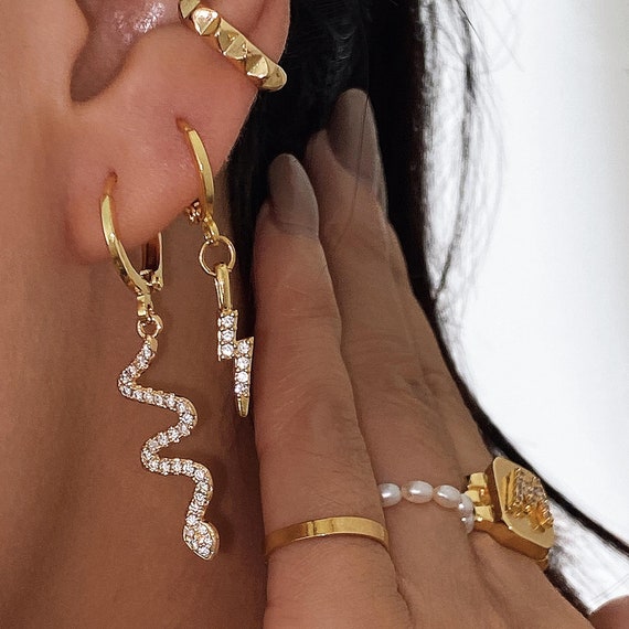 Gold FILLED Snake Earrings Lightning Hoop · Zircon Stone Crystal Reptile Animal Gold Huggie Earrings Waterproof Minimalist Jewelry Set Gifts