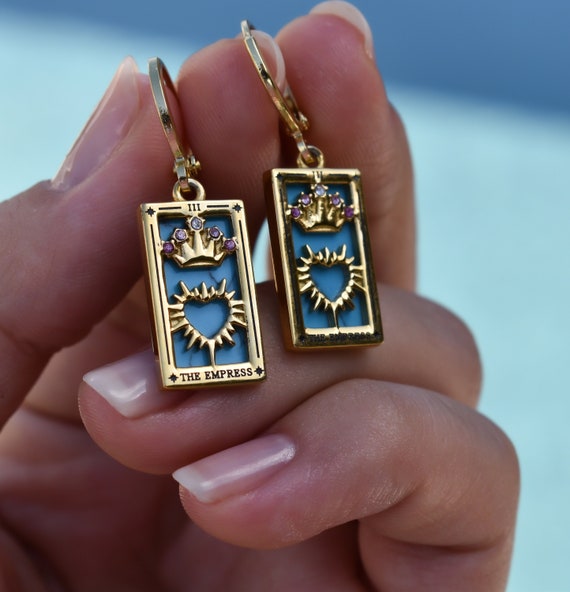 Gold Tarot Card Earrings · Gold Filled Tarot Sun, Lover, Star, Moon, Magician Enamel Earrings, Zodiac Charm WATERPROOF Mystic Jewelry Gifts