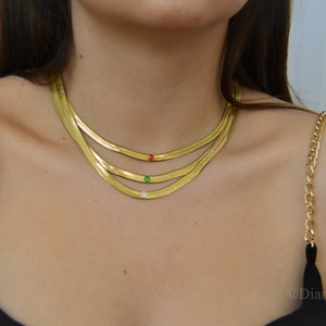 Gold Filled Snake Chain Necklace Herringbone Snake Necklace Zircon Stone Red Green White Gold Chain Waterproof Necklace Best Gift for Her