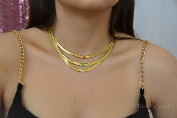 Gold Filled Snake Chain Necklace Herringbone Snake Necklace Zircon Stone Red Green White Gold Chain Waterproof Necklace Best Gift for Her