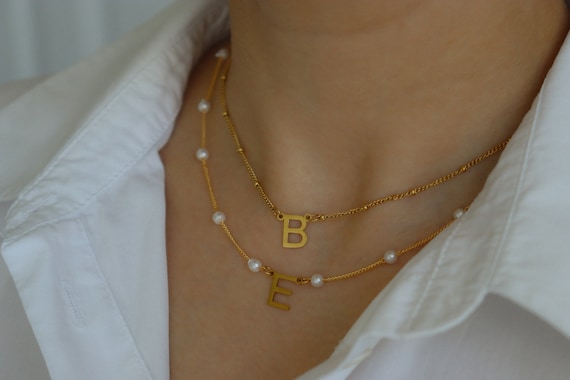 Gold Initial Necklace Gold Bead Chain Pearl Chain Gold Charm Bracelet Gold Chain Necklace Initial Letter Necklace Waterproof Jewelry