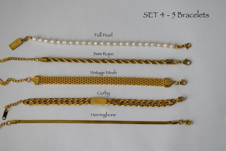 Gold Filled Chain Bracelet Pearl Bracelet Set Vintage Mesh Link Herringbone Bracelet WATERPROOF Jewelry Handmade Christmas Women Girl Gifts 画像 6