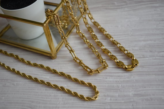 18K Gold 3 Type Chains Set Coffee Bean · Twist Rope · Pig Nose Link Necklace Handmade Jewelry Choker Bracelet Anklet Women Men Gift Necklace