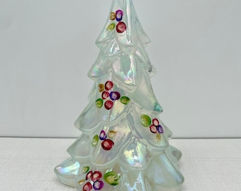 Fenton Art Glass Large 7.5" White Opalescent Christmas Tree Hand Painted by J Powell | Fenton 5563 QS