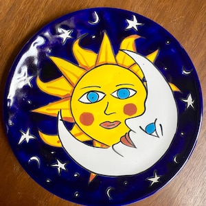 Talavera Mexican Folk Art Ceramic Sun, Moon and Stars Hand Painted Art Pottery Collector Plate | Y2K Celestial