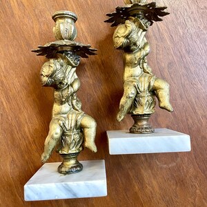 Vintage Pair of Metal + Stone Cherub Taper Candle Holders | Art Nouveau, Hollywood Regency