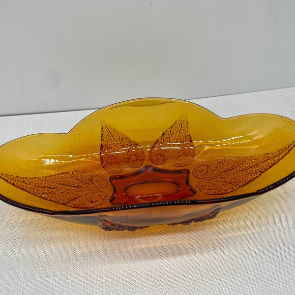 Vintage Anchor Hocking Amber Oval Pebble Leaf Glass Bowl | Jewelry Dish, Ring Dish, Catchall Dish, Mid Century Glass