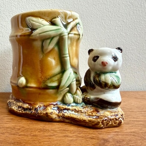 Vintage Majolica Style Panda and Bamboo Planter Cache Pot Flower Vase