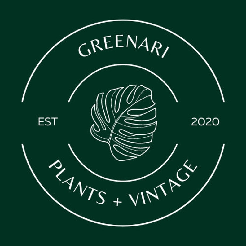 Pode incluir: Logotipo branco sobre fundo verde escuro com um c&iacute;rculo contendo o texto "GREENARI PLANTS + VINTAGE EST 2020" e uma folha de monstera branca estilizada no centro.