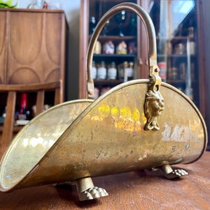 Vintage Mid Century Miniature Brass Firewood Card Holder Lion Head Claw Feet Swing Handle | Hollywood Regency