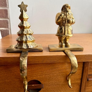 Pair of Vintage Heavy Brass Xmas Stocking Holders, Santa Clause & Christmas Tree