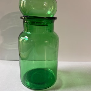 Vintage Green Glass Apothecary Storage Jar, Kitchen Canister with Bubble Top Lid | MCM Mid Century Glass