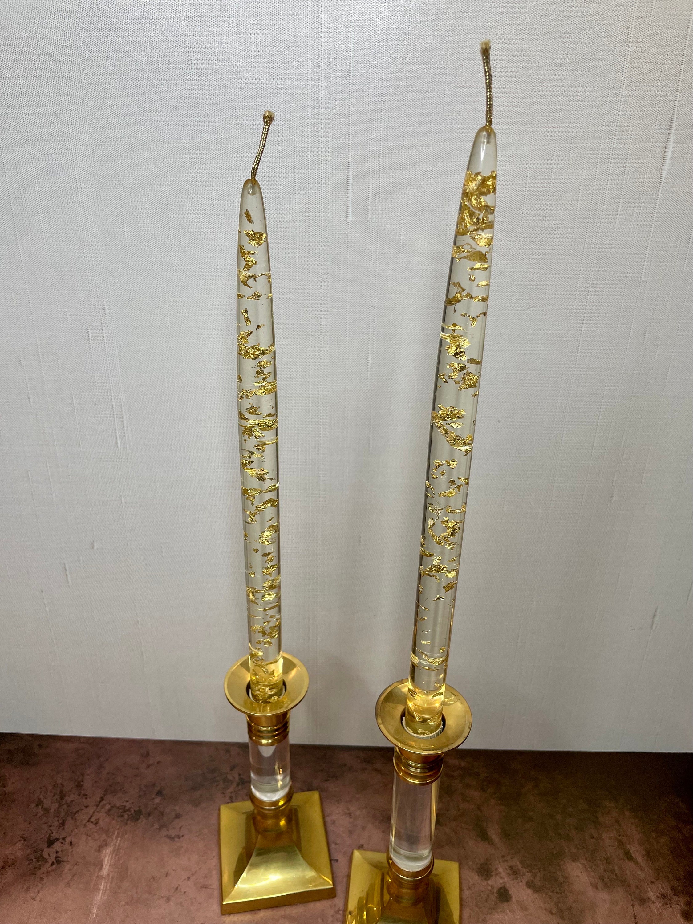 Vintage Mid Century Lucite Candles, Tapered 11.5 Gold Flecked Candles