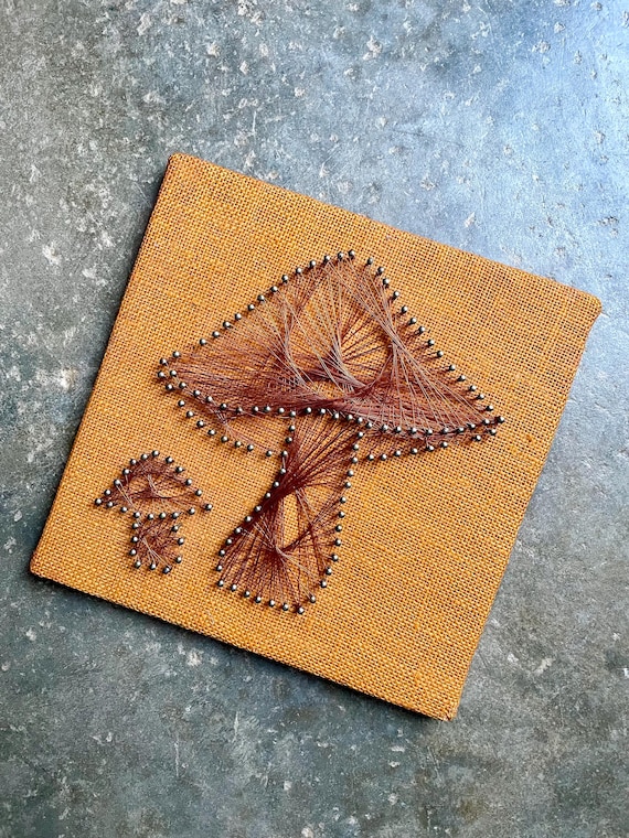 Vintage Mushroom Wire Nail String Art, Orange | Kitsch 1970s Art Wall Hanging