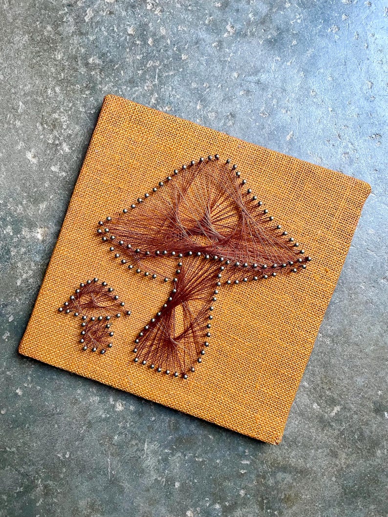 Pode incluir: Uma tela de juta marrom com um design de cogumelo de arte de fio. O cogumelo &eacute; feito com fio marrom e tachas prateadas. A tela &eacute; quadrada e tem um visual r&uacute;stico.