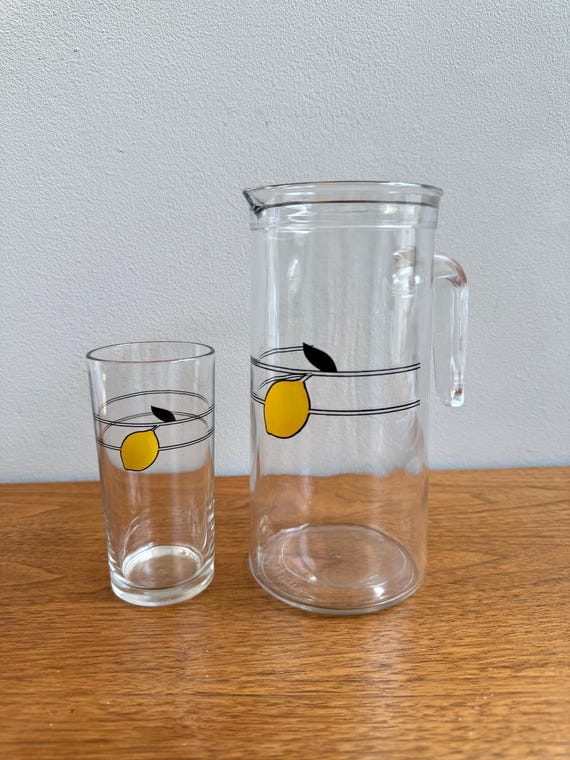 Vintage 1980s Glass Pitcher and Tumbler Set with Lemon and Black Line |  Cocktail Pitcher, Lemonade, Tea