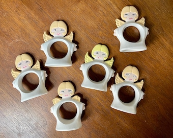 Set of 6 Vintage 1970s Ceramic Angel Napkin Rings, Napkin Holders | Vintage Christmas Xmas
