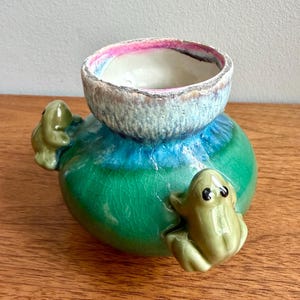 Vintage Majolica Style Green Drip Glaze Ceramic Frog Vase Succulent Planter Mini Cache Pot