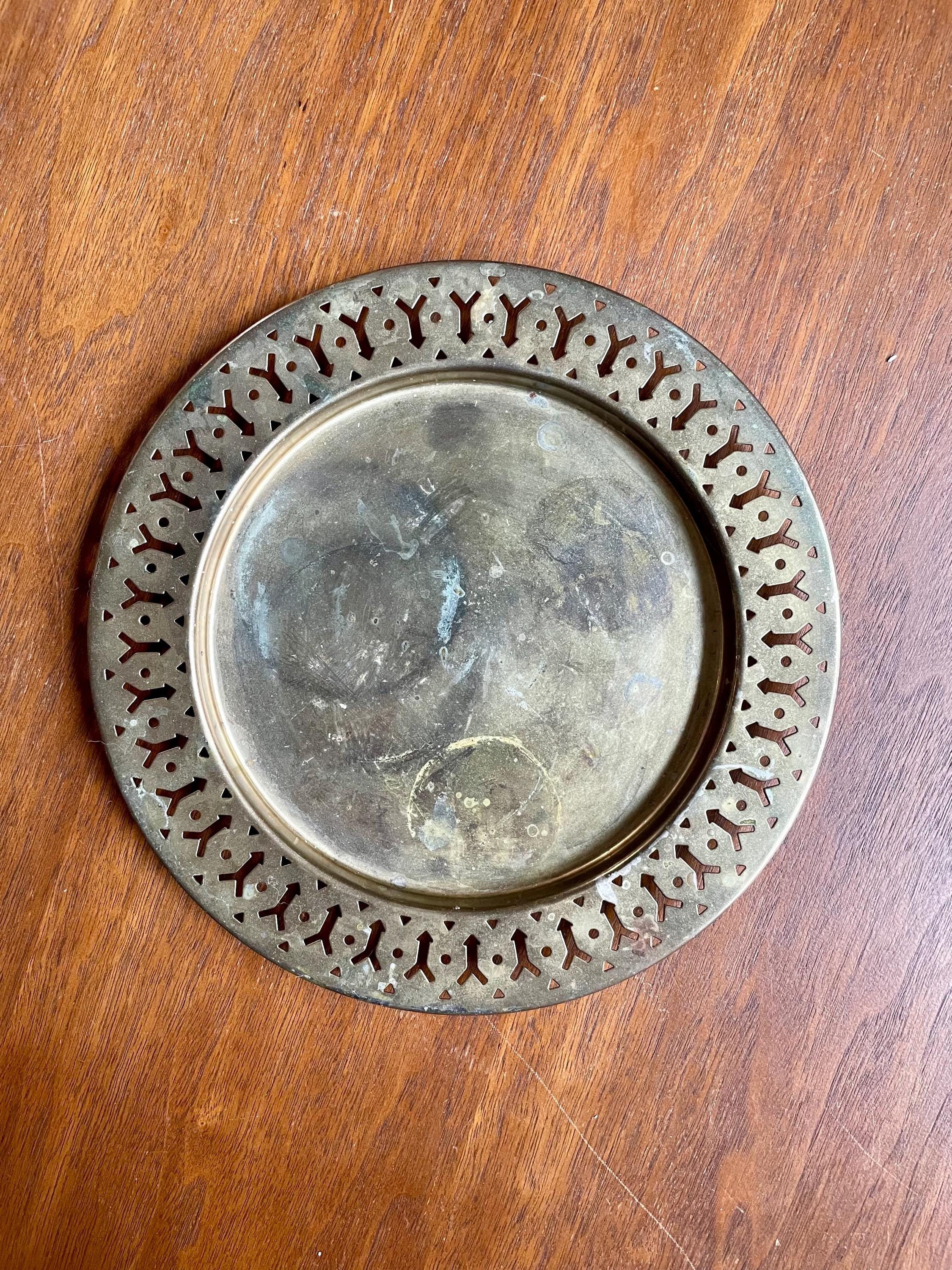 Vintage Brass 9” Decorative Round Tray Gold, Metal Flower Pot Underplate