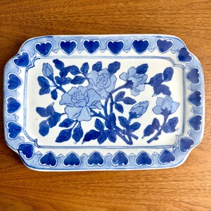 Vintage Blue White Floral Chinoiserie Rectangular Trinket Tray Platter