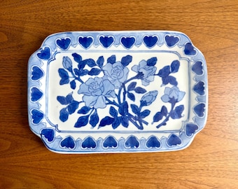 Vintage Blue White Floral Chinoiserie Rectangular Trinket Tray Platter