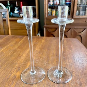 Pair of Vintage Tulip Long Stem Clear Glass Candleholders | Mid Century MCM Candlestick, Taper Candle Holders