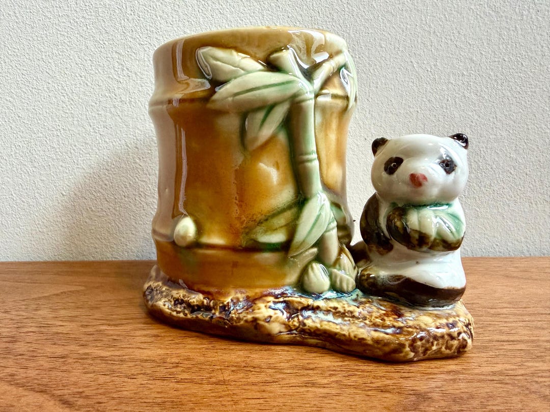 Vintage Majolica Style Panda and Bamboo Planter Cache Pot Flower Vase ...