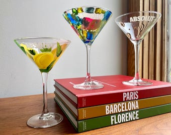 Hand Painted ABSOLUT Martini Glasses | Espresso Martini, Lemon, Abstract Paint Strokes