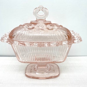 Vintage Indiana Glass Pink Pedestal Lace Edge Pattern Compote Covered Candy Dish | Jewelry Dish, Ring Dish, Catchall Dish, Mid Century Glass