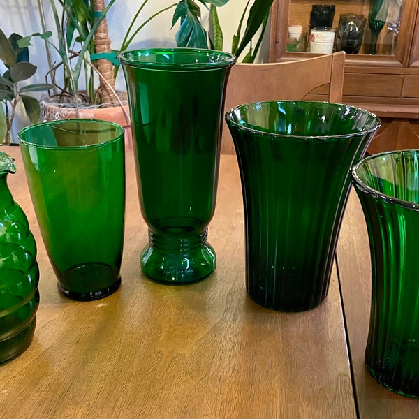 Collectible Vintage Green Glass Vases | Napco, Anchor Hocking | Mid Century Modern MCM