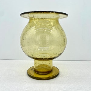Blenko Style Vintage Hurricane Bubble Glass Candle Holder, Vase | Amber Yellow Handblown Glass