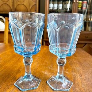 Pair of Vintage MCM Ice Blue Fostoria Virginia Light Blue Footed Pedestal Glasses | Mid Century Bar, MCM Barware