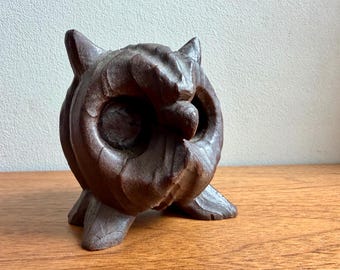 Vintage Carved Wood Owl Figurine Statue