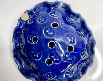 Blue Glaze Ceramic Ikebana Flower Frog with Star Stamp Pattern