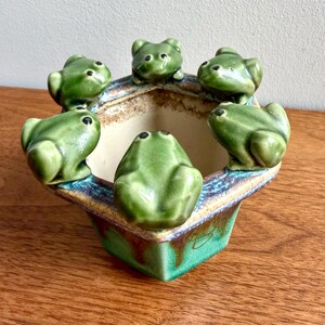 Vintage Majolica Style Green Drip Glaze Ceramic Frog Vase Succulent Planter Mini Cache Pot
