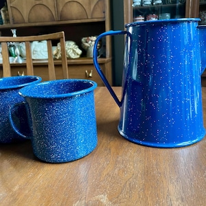 Vintage Blue and White Speckle Enamelware Pitcher and 2 Cups | Splatter Tin, Camping Coffee Pot, Mugs
