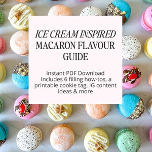 May include: A collection of colorful macarons arranged on a light surface. The macarons are in various colors, including pink, blue, yellow, and white, with different toppings. Text on the image reads "ICE CREAM INSPIRED MACARON FLAVOUR GUIDE".