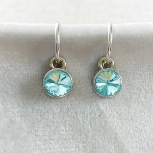 Aquamarine colour Swarovski crystal earrings, Sterling Silver hoops with colour drop charms, March Birthstone Huggie Earrings, Birthday gift