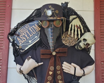 Steampunk,the plague doctor, Halloween wreath,gas mask looks like leather,light up lantern, gears,skeleton and skeleton hand,rat,cockroaches