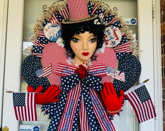 Patriotic wreath, Fourth of July, mannequin head wreath, Americana, red, white and blue, America, USA.