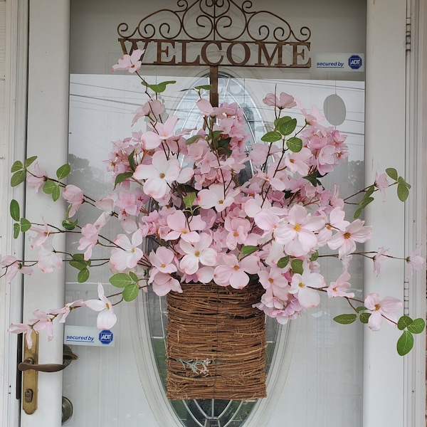 Spring and summer,rattan Door basket, door hanger, pink and white florals, dogwood, greenery, hydrangea, cherry blossom,door basket.