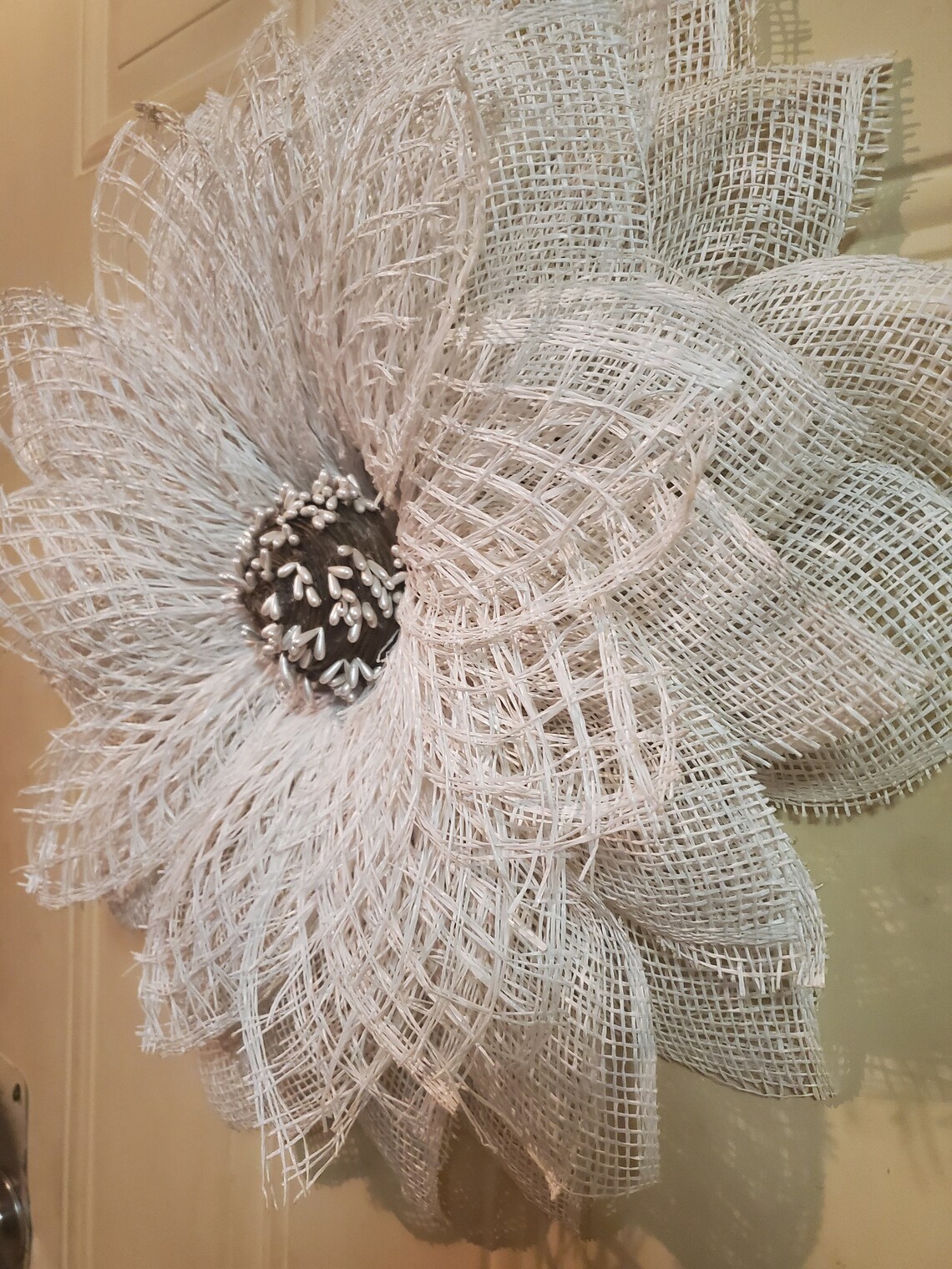 Poly burlap flower wreath with a beaded center Etsy