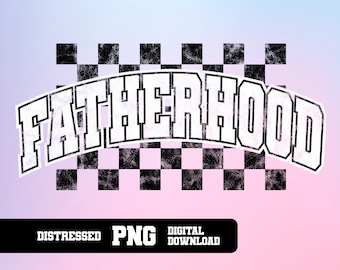 Peut inclure: Conception graphique en noir et blanc vieilli avec le mot "Fatherhood" en blanc, en gras et avec un contour noir. Le graphique est placé sur un fond à carreaux noir et blanc.
