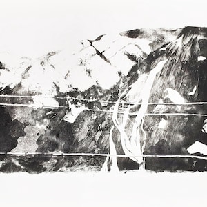 May include: Black and white abstract print with a textured, layered look. The print features a series of lines and shapes that create a sense of depth and movement.